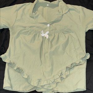 Green Ruffled Button-Up Top